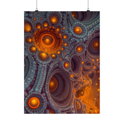 The Architecture of Inner Light — Matte Art Poster, 18 × 24 in — glowing amber chambers in intricate blue-gray and violet structures