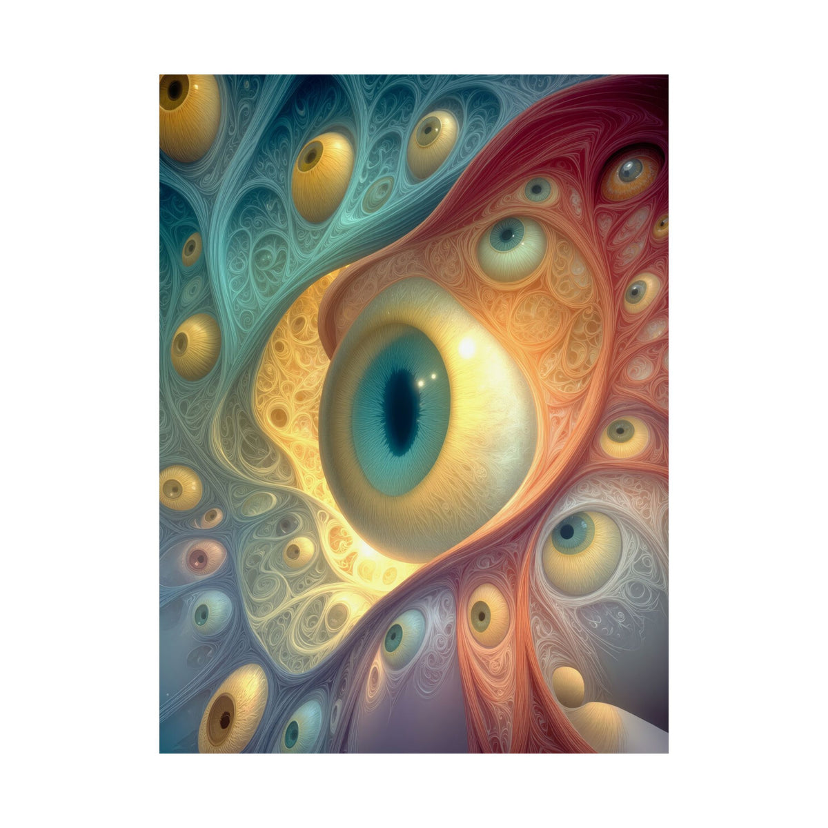 A Chorus of Seeing 18 × 24 inch matte art poster showing psychedelic eyes in teal, amber and crimson