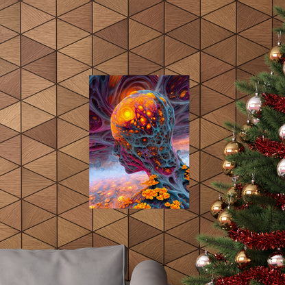 The Mind Becomes a Sun matte art poster, 18 × 24 in with a glowing golden head amid flowing blue and violet forms