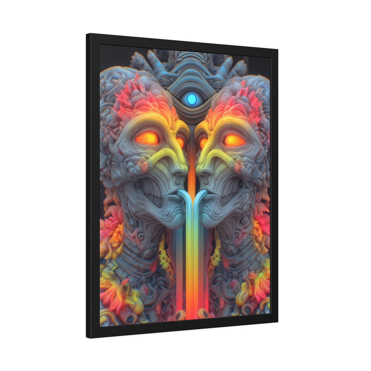 Where the Mirror Becomes a River — Framed Fine Art Print, 24 × 32 in — mirrored faces with glowing eyes and a shared stream of color