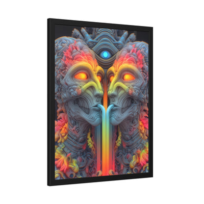 Where the Mirror Becomes a River — Framed Fine Art Print, 24 × 32 in — mirrored faces with glowing eyes and a shared stream of color