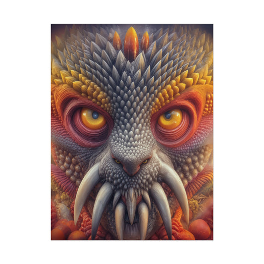 The Wisdom Beneath the Armor — Rolled Art Print, 18 × 24 in — golden-eyed creature with layered gray spines and ivory tusks