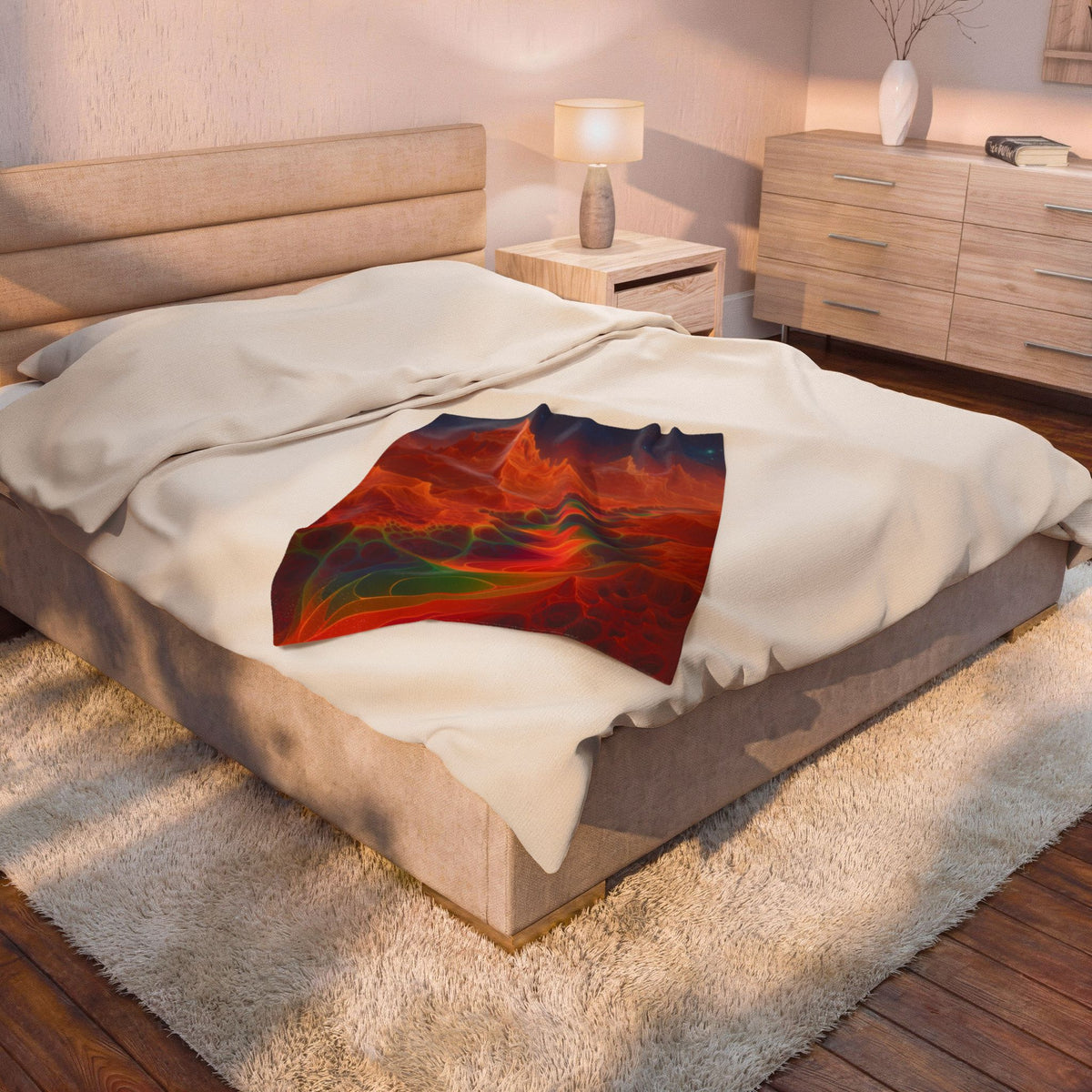 The Current Remembers velveteen plush blanket, 30 × 40 in with a luminous winding current and orange mountains beneath a starry sky
