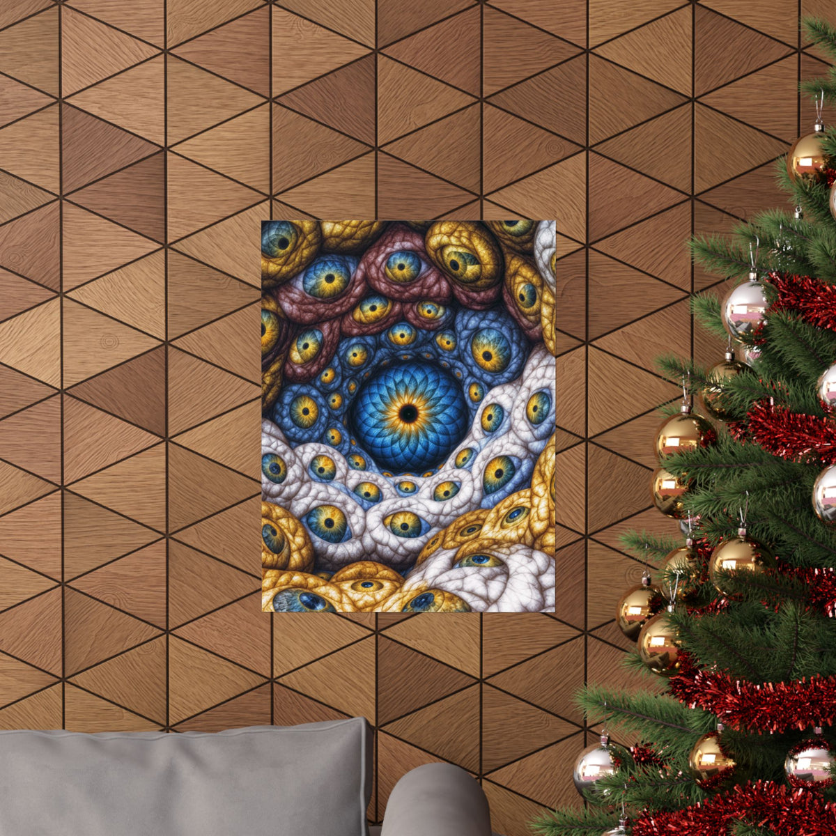 The Many Eyes of One Awareness — Matte Art Poster, 18 × 24 in — interwoven blue and gold eyes in ivory, ochre and mauve forms