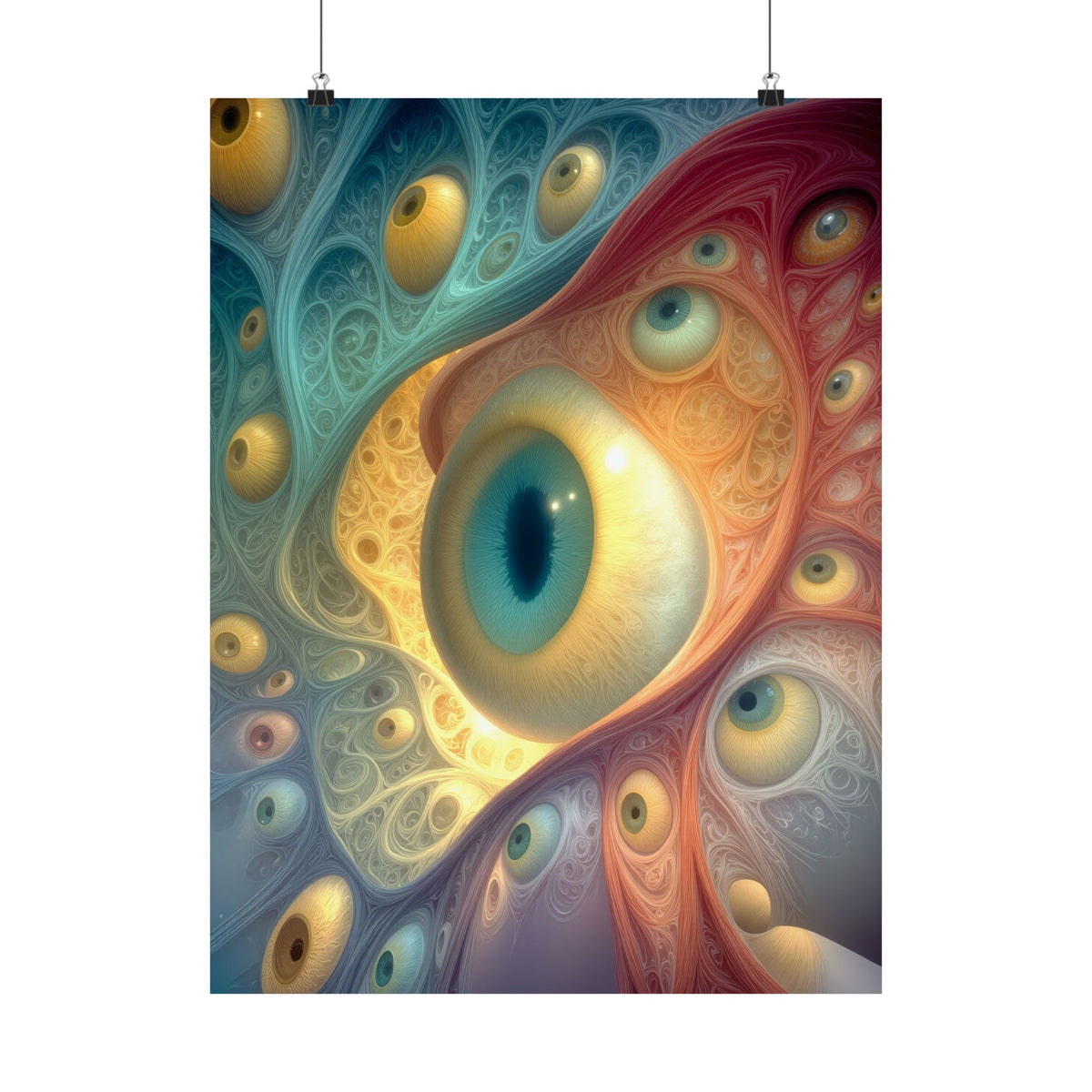 A Chorus of Seeing 18 × 24 inch matte art poster showing psychedelic eyes in teal, amber and crimson