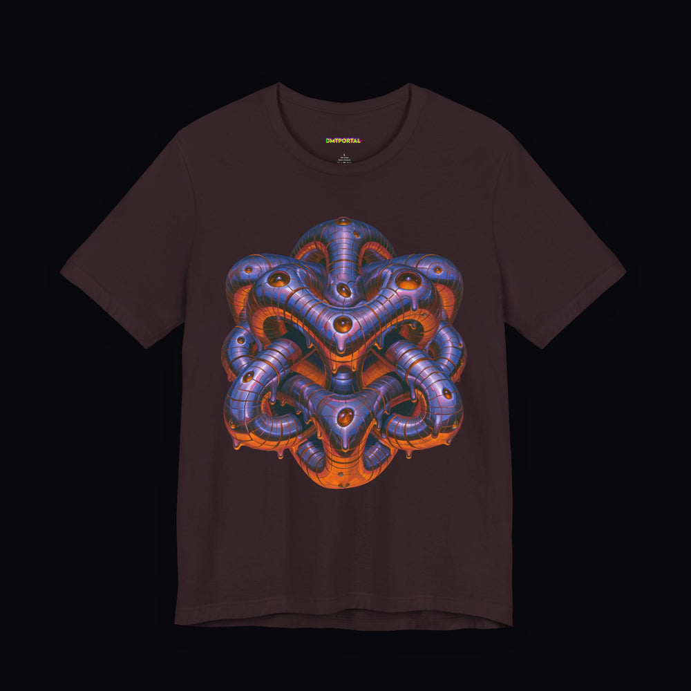 Looping violet and orange biomechanical artwork on an Oxblood Black DMTPORTAL T-shirt