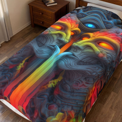 Where the Mirror Becomes a River — Velveteen Plush Blanket, 60 × 80 in — mirrored faces with glowing eyes and a shared stream of color