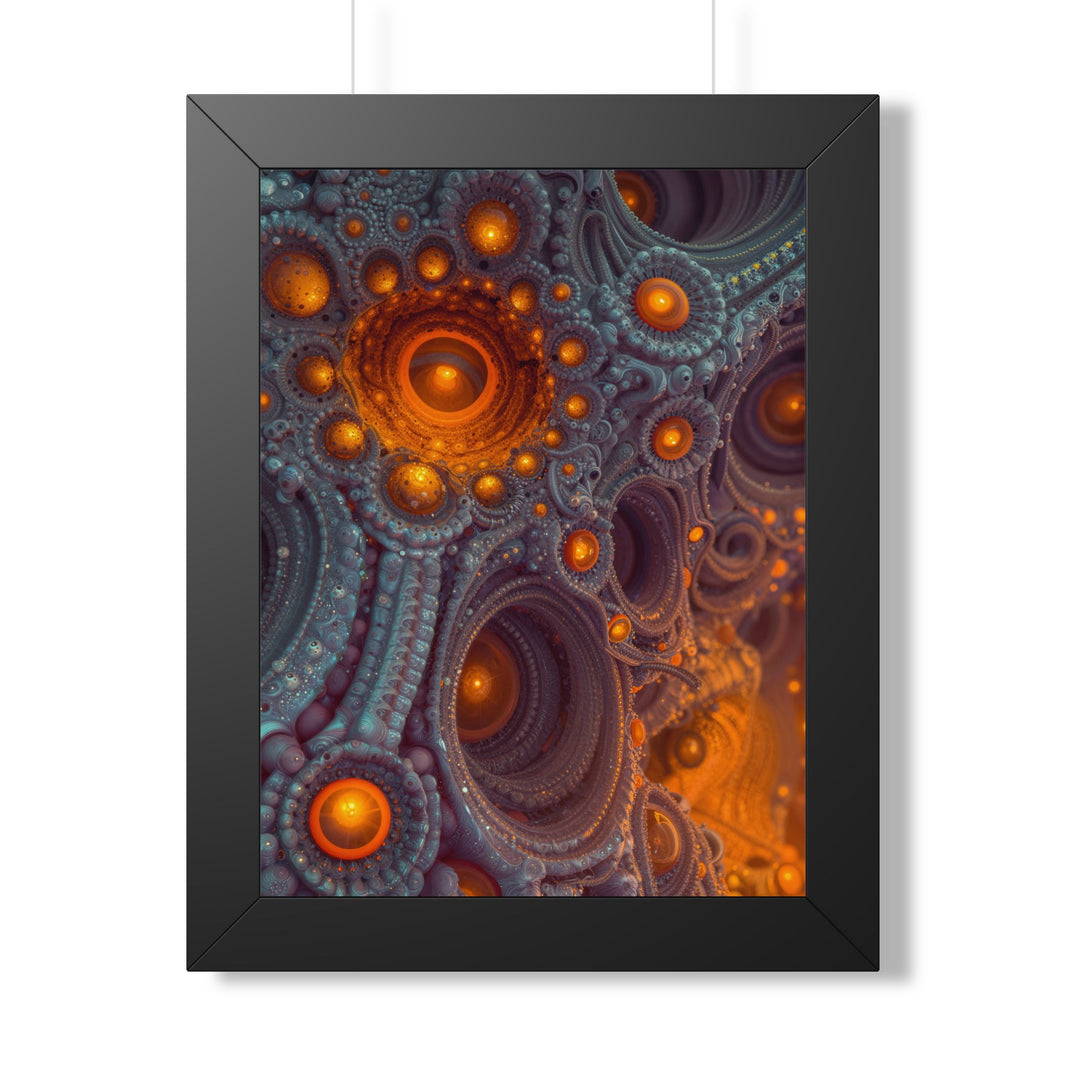 The Architecture of Inner Light — Black Framed Print, 12 × 16 in — glowing amber chambers in intricate blue-gray and violet structures