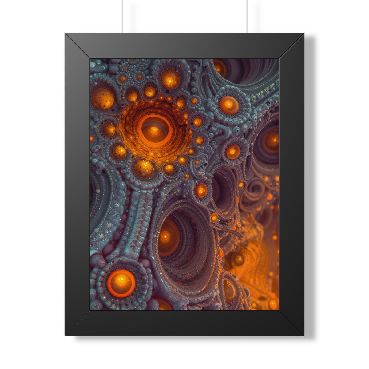 The Architecture of Inner Light — Black Framed Print, 12 × 16 in — glowing amber chambers in intricate blue-gray and violet structures