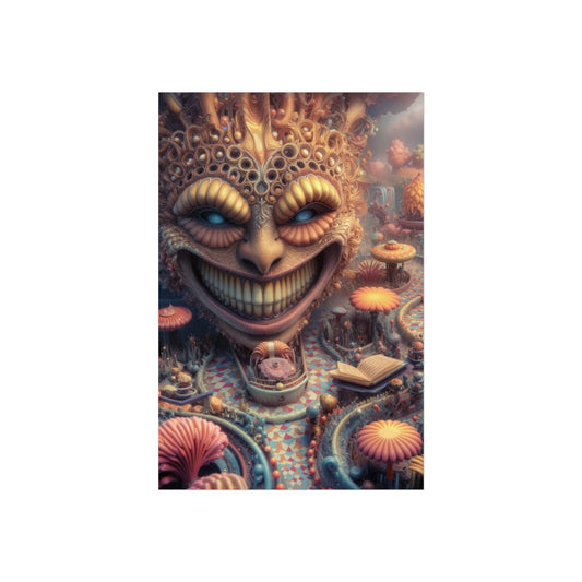 The Invitation Beneath the Grin — Large Matte Poster, 32 × 48 in — ornate grinning face above winding mosaic paths and coral garden forms