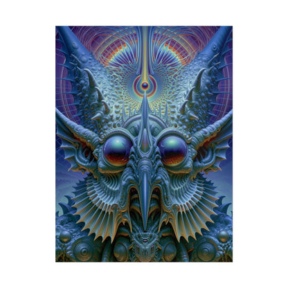 The Threshold That Refines — Rolled Art Print, 18 × 24 in — a symmetrical blue guardian with reflective eyes, pointed horns and intricate geometry