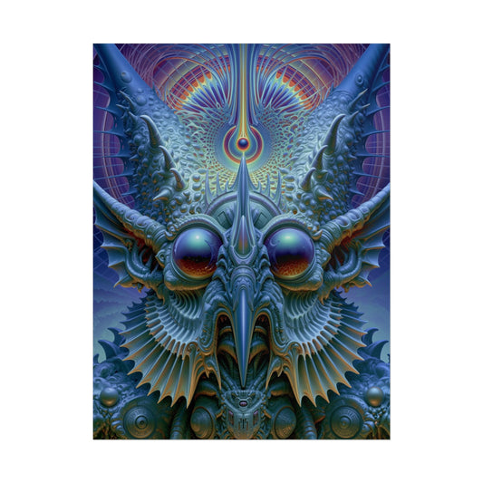 The Threshold That Refines — Rolled Art Print, 18 × 24 in — a symmetrical blue guardian with reflective eyes, pointed horns and intricate geometry
