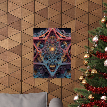 The Geometry of Surrender — Matte Art Poster, 18 × 24 in — interlocking coral and blue forms around a golden center