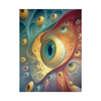A Chorus of Seeing 18 × 24 inch rolled art print featuring golden eyes among flowing teal and crimson forms