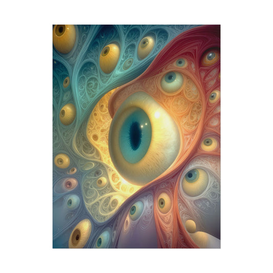 A Chorus of Seeing 18 × 24 inch rolled art print featuring golden eyes among flowing teal and crimson forms