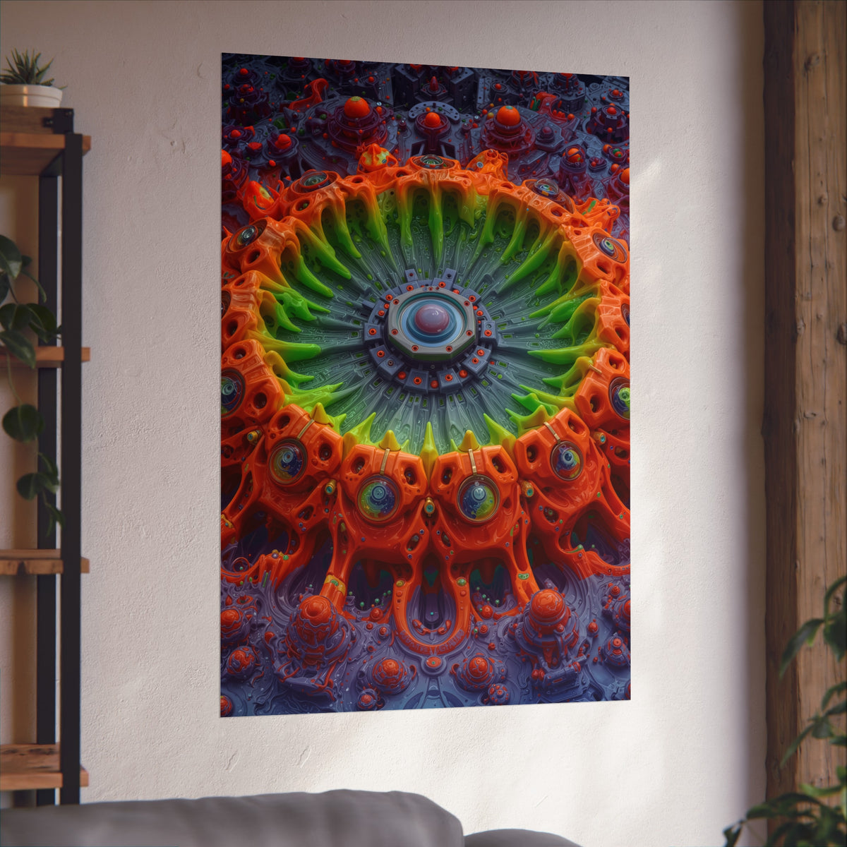 The Center Is a Choreography — Large Matte Poster, 32 × 48 in — orange and lime radial machinery with a violet core
