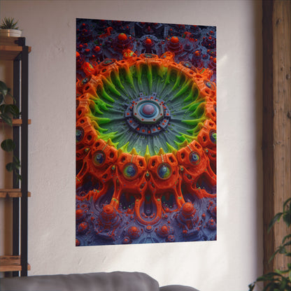 The Center Is a Choreography — Large Matte Poster, 32 × 48 in — orange and lime radial machinery with a violet core