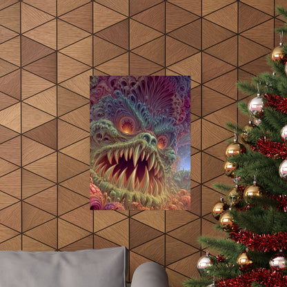 Where Fear Becomes a Passage — Matte Art Poster, 18 × 24 in — fanged creature with glowing eyes amid sage and mauve organic forms