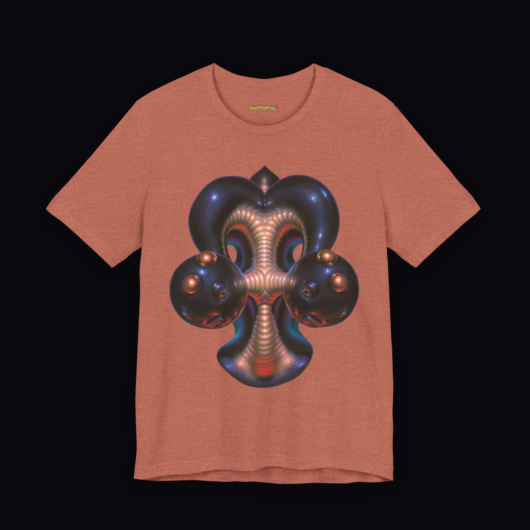 Symmetrical dark blue orbs connected by a warm ribbed form on a Heather Clay DMTPORTAL T-shirt