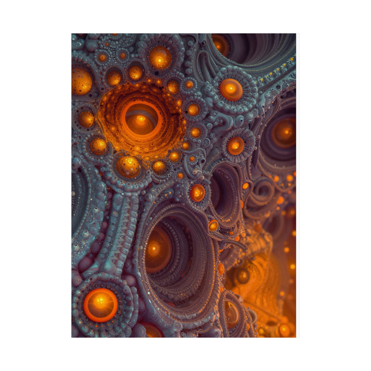 The Architecture of Inner Light — Matte Art Poster, 18 × 24 in — glowing amber chambers in intricate blue-gray and violet structures