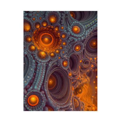 The Architecture of Inner Light — Matte Art Poster, 18 × 24 in — glowing amber chambers in intricate blue-gray and violet structures