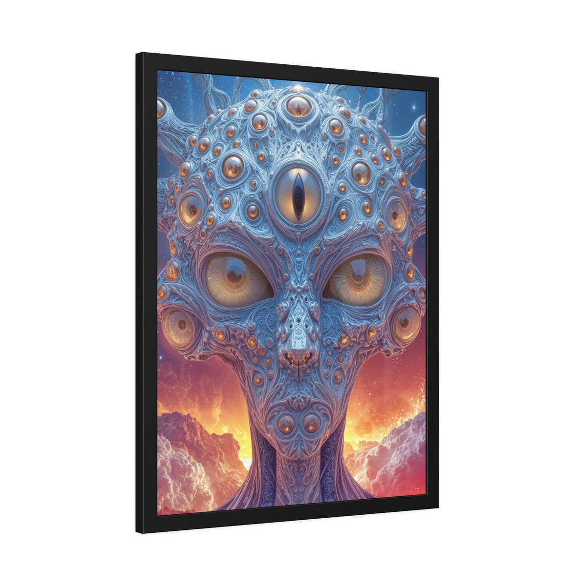 The Horizon Within the Gaze — Framed Fine Art Print, 24 × 32 in — intricate blue figure with amber eyes above luminous clouds