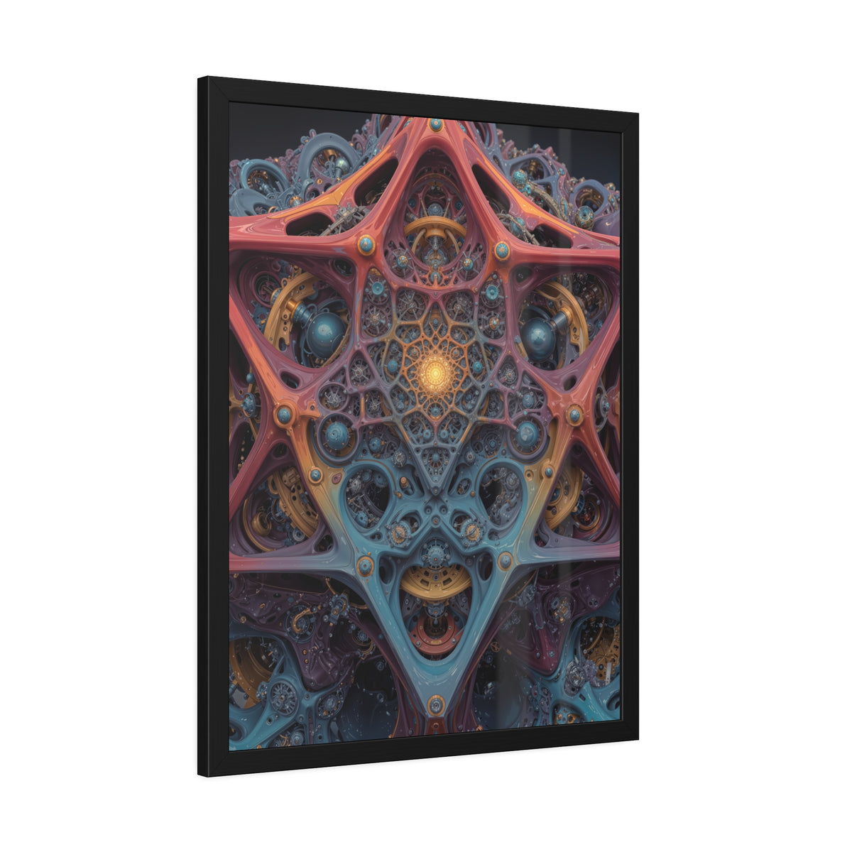 The Geometry of Surrender — Framed Fine Art Print, 24 × 32 in — interlocking coral and blue forms around a golden center