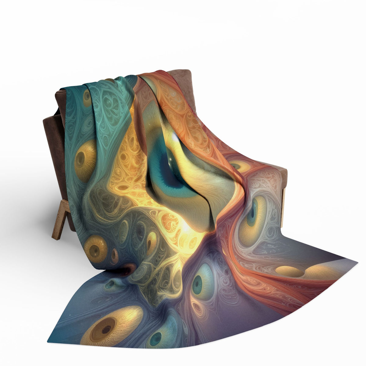 A Chorus of Seeing 60 × 80 inch Arctic fleece blanket with flowing blue and red forms and golden eyes