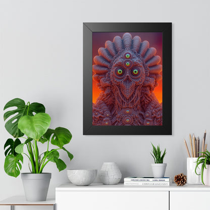 Where Every Gaze Becomes a Center — Black Framed Print, 12 × 16 in — many-eyed figure with a rippling crown against an orange sky