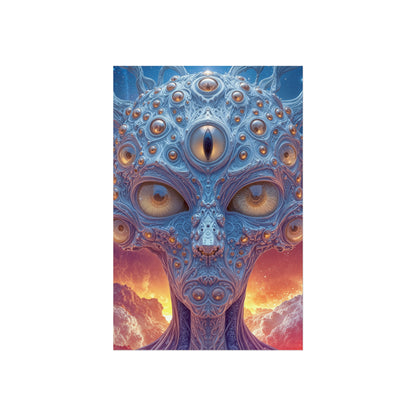 The Horizon Within the Gaze — Large Matte Poster, 32 × 48 in — intricate blue figure with amber eyes above luminous clouds