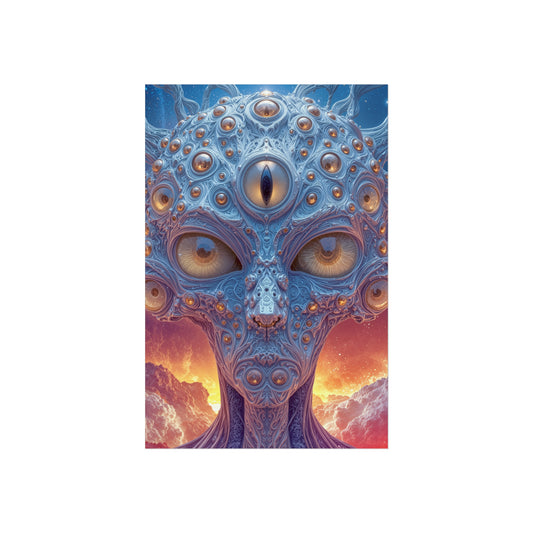 The Horizon Within the Gaze — Large Matte Poster, 32 × 48 in — intricate blue figure with amber eyes above luminous clouds