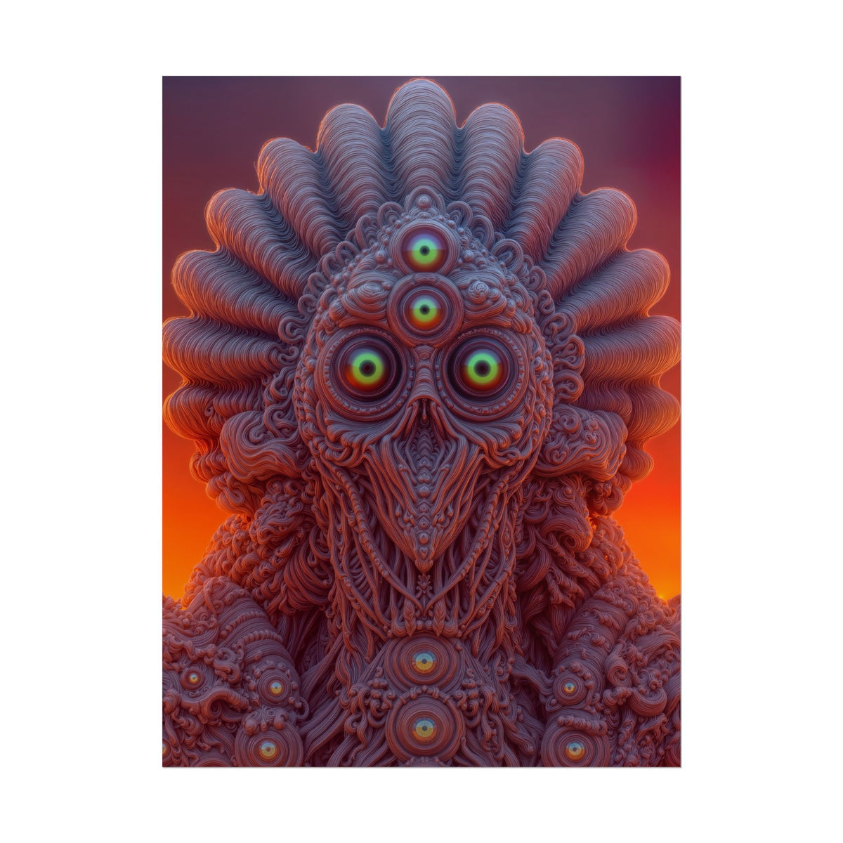 Where Every Gaze Becomes a Center — Rolled Art Print, 18 × 24 in — many-eyed figure with a rippling crown against an orange sky