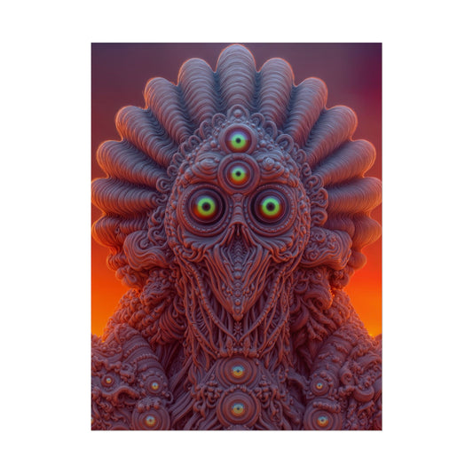 Where Every Gaze Becomes a Center — Rolled Art Print, 18 × 24 in — many-eyed figure with a rippling crown against an orange sky