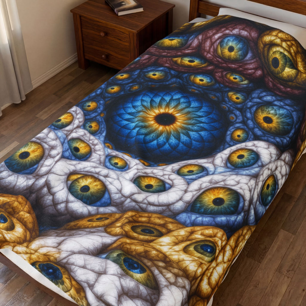 The Many Eyes of One Awareness — Velveteen Plush Blanket, 60 × 80 in — interwoven blue and gold eyes in ivory, ochre and mauve forms