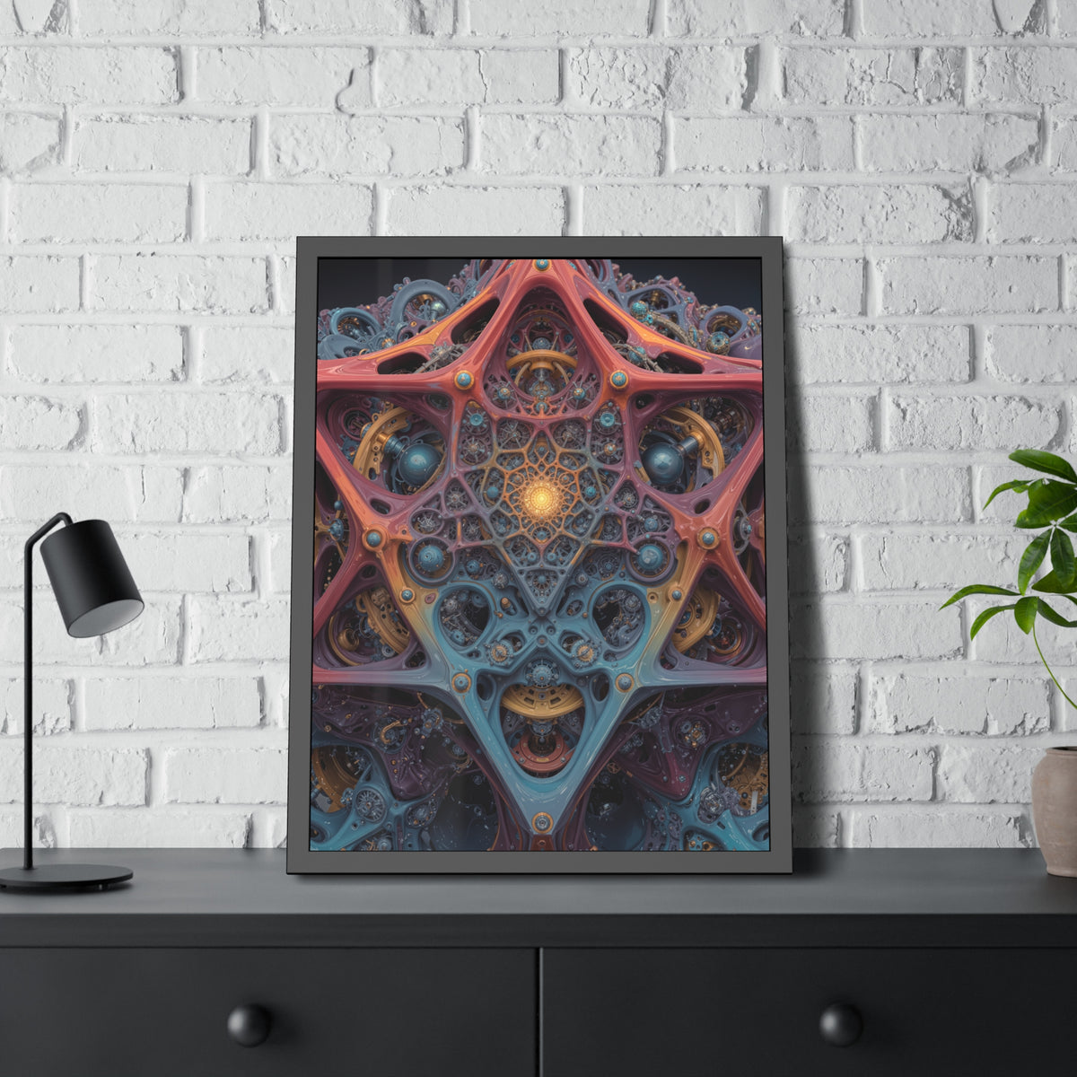 The Geometry of Surrender — Framed Fine Art Print, 24 × 32 in — interlocking coral and blue forms around a golden center