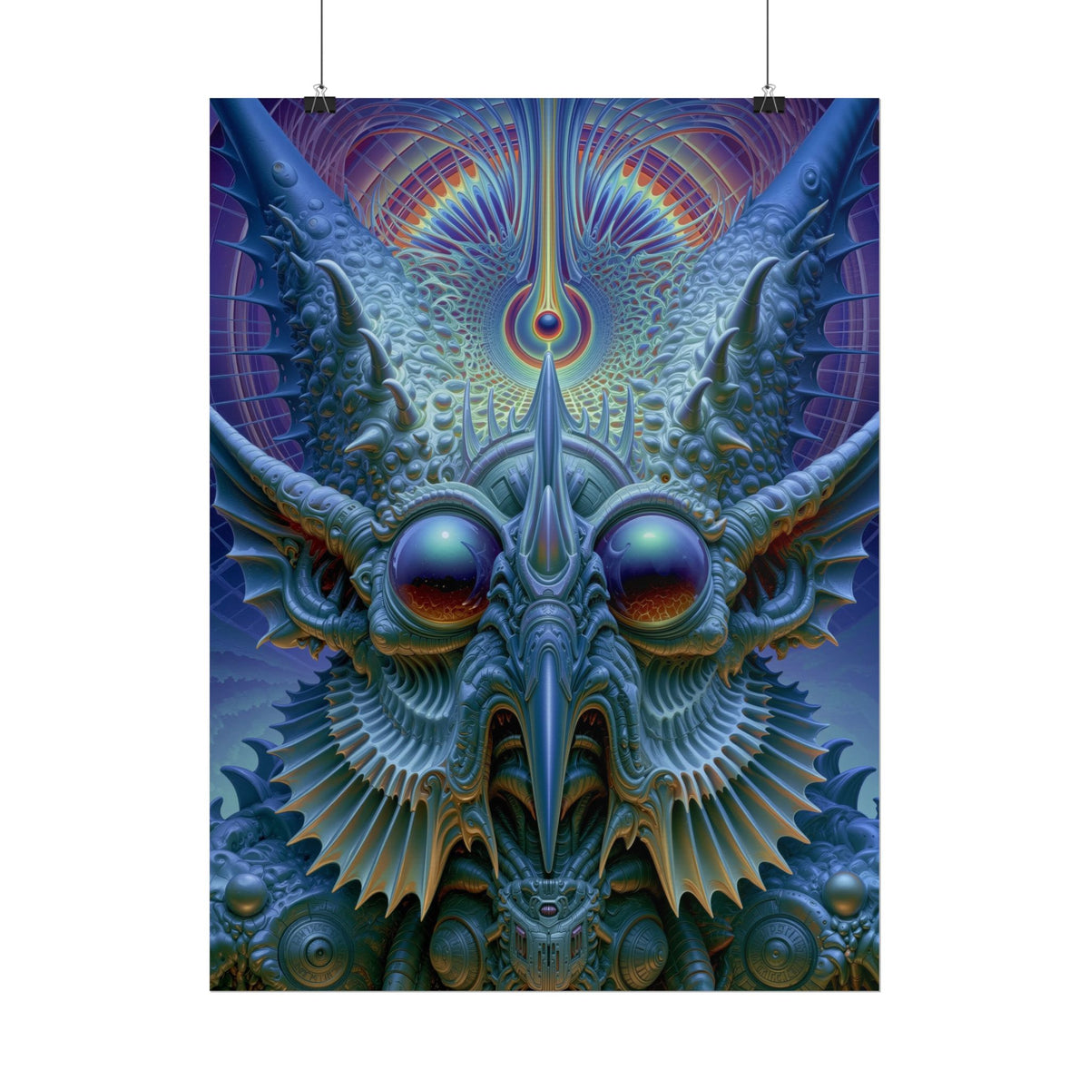 The Threshold That Refines — Rolled Art Print, 18 × 24 in — a symmetrical blue guardian with reflective eyes, pointed horns and intricate geometry