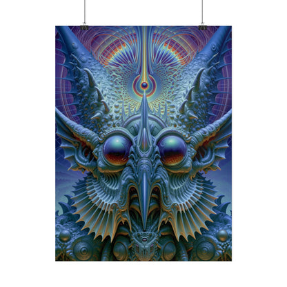 The Threshold That Refines — Rolled Art Print, 18 × 24 in — a symmetrical blue guardian with reflective eyes, pointed horns and intricate geometry