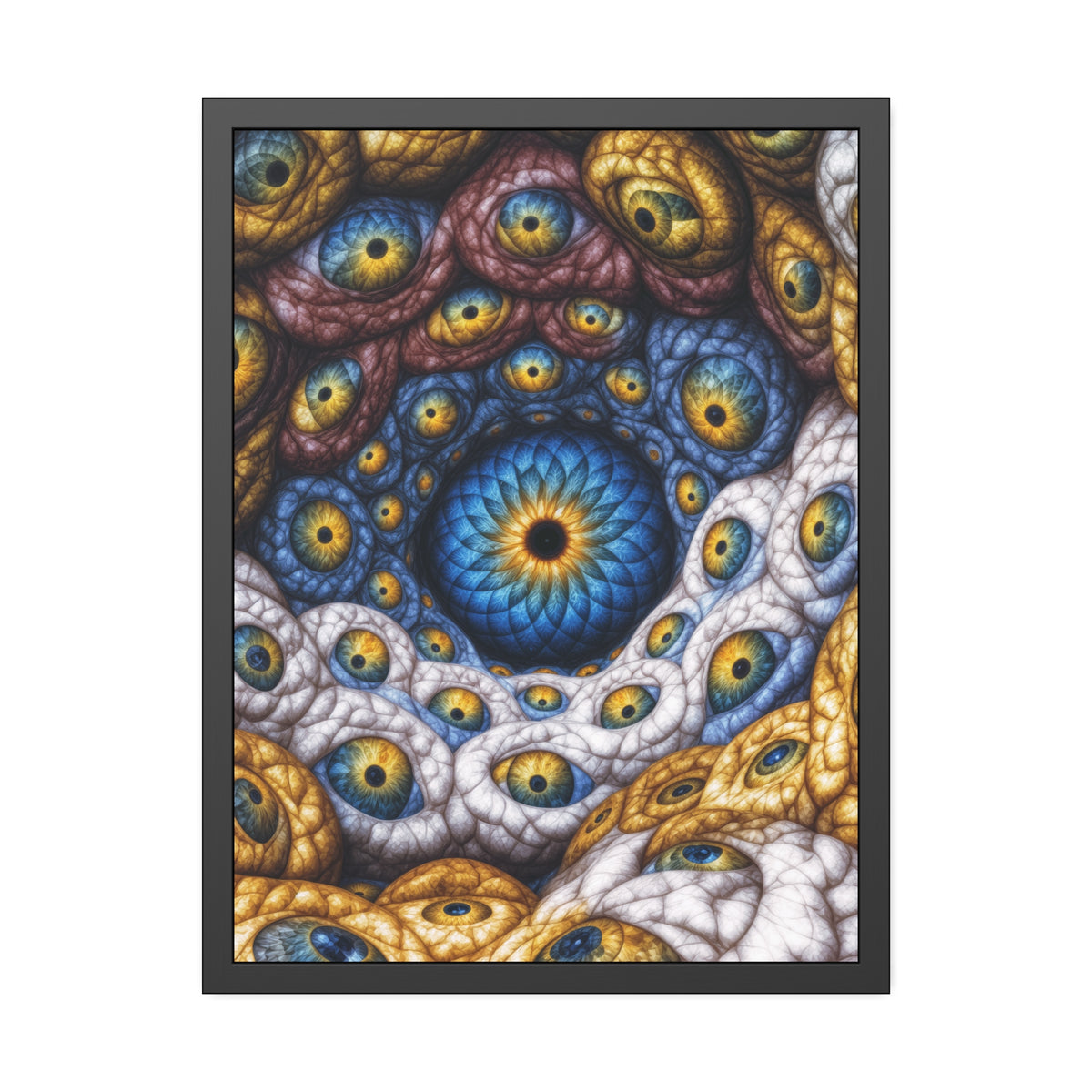 The Many Eyes of One Awareness — Framed Fine Art Print, 24 × 32 in — interwoven blue and gold eyes in ivory, ochre and mauve forms