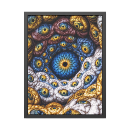 The Many Eyes of One Awareness — Framed Fine Art Print, 24 × 32 in — interwoven blue and gold eyes in ivory, ochre and mauve forms