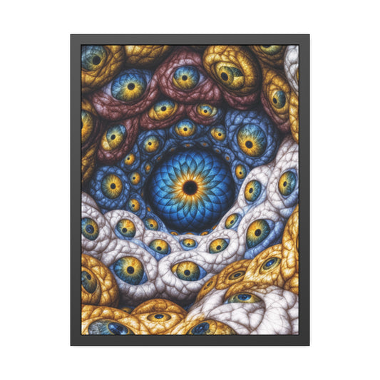 The Many Eyes of One Awareness — Framed Fine Art Print, 24 × 32 in — interwoven blue and gold eyes in ivory, ochre and mauve forms