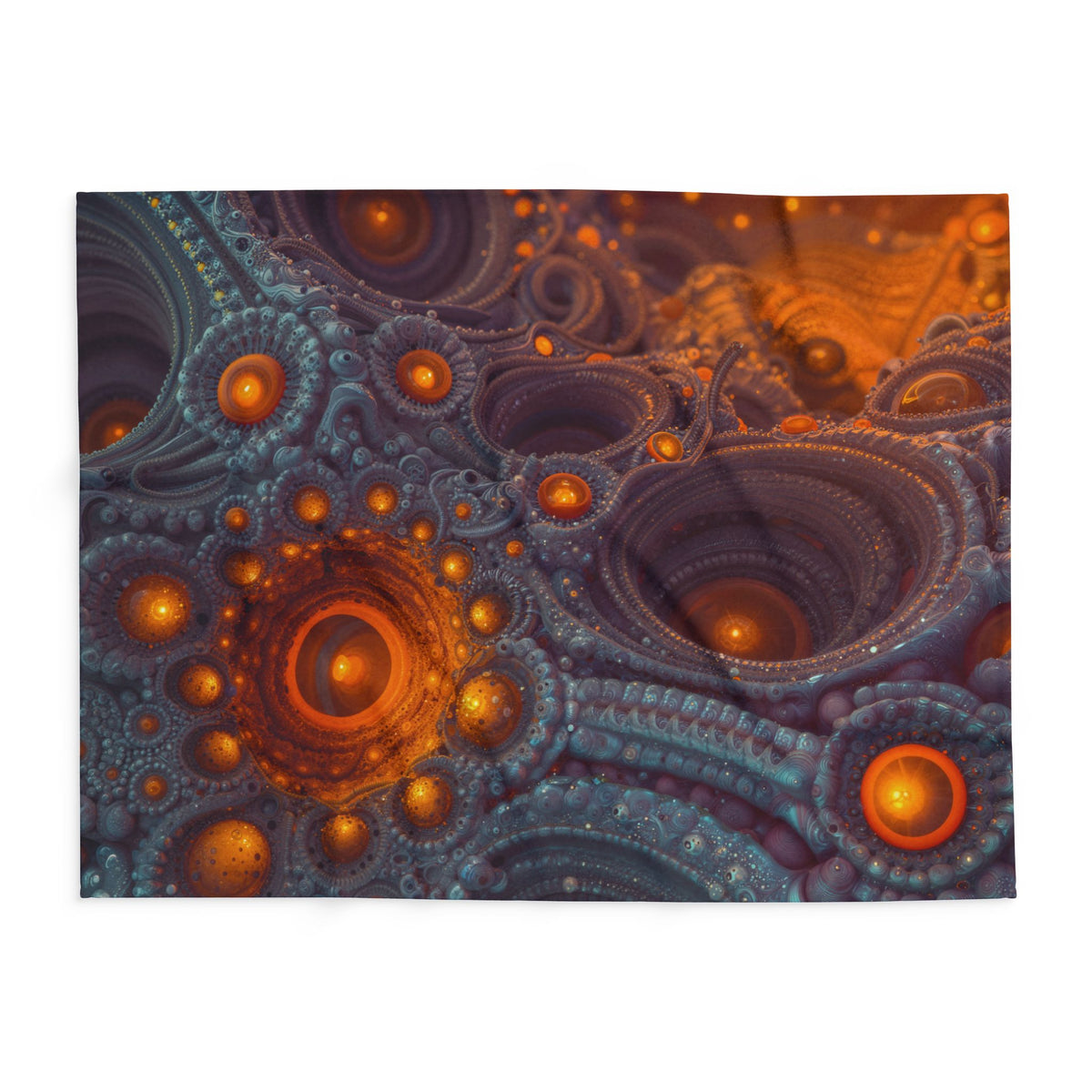 The Architecture of Inner Light — Arctic Fleece Blanket, 60 × 80 in — glowing amber chambers in intricate blue-gray and violet structures