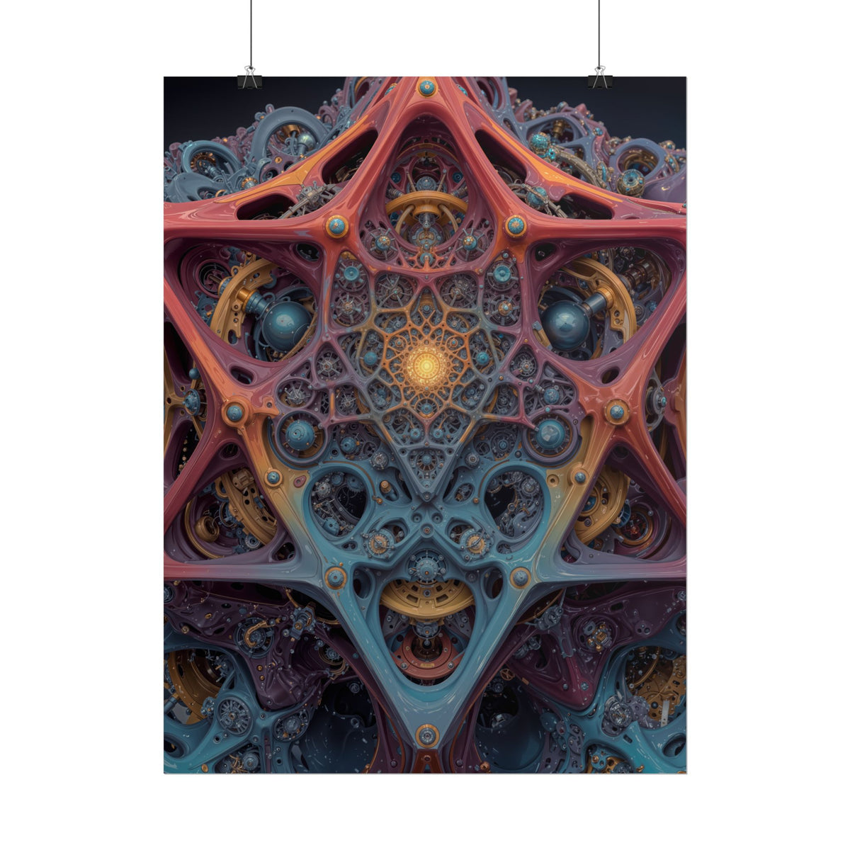 The Geometry of Surrender — Rolled Art Print, 18 × 24 in — interlocking coral and blue forms around a golden center