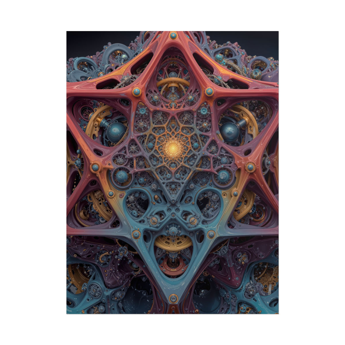 The Geometry of Surrender — Rolled Art Print, 18 × 24 in — interlocking coral and blue forms around a golden center