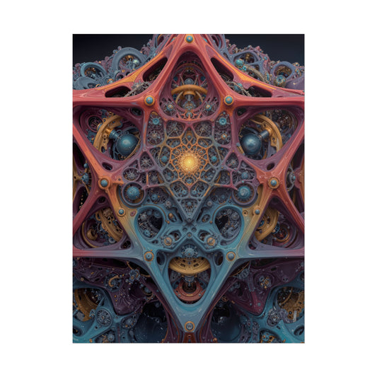 The Geometry of Surrender — Rolled Art Print, 18 × 24 in — interlocking coral and blue forms around a golden center