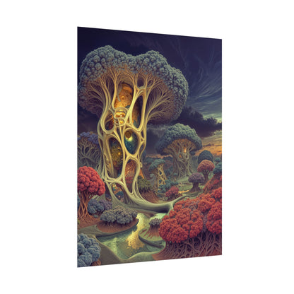 The Quiet Architecture of Becoming — Rolled Art Print, 18 × 24 in — luminous lattice trees and coral groves beside a winding river