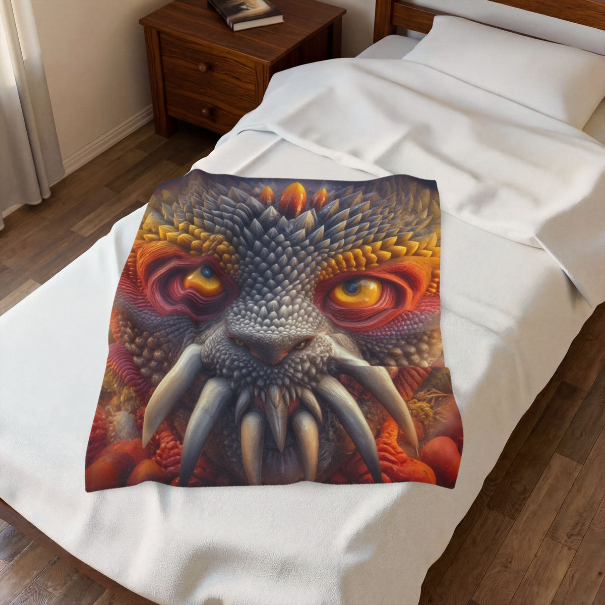 The Wisdom Beneath the Armor — Velveteen Plush Blanket, 30 × 40 in — golden-eyed creature with layered gray spines and ivory tusks