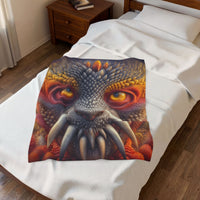 The Wisdom Beneath the Armor — Velveteen Plush Blanket, 30 × 40 in — golden-eyed creature with layered gray spines and ivory tusks