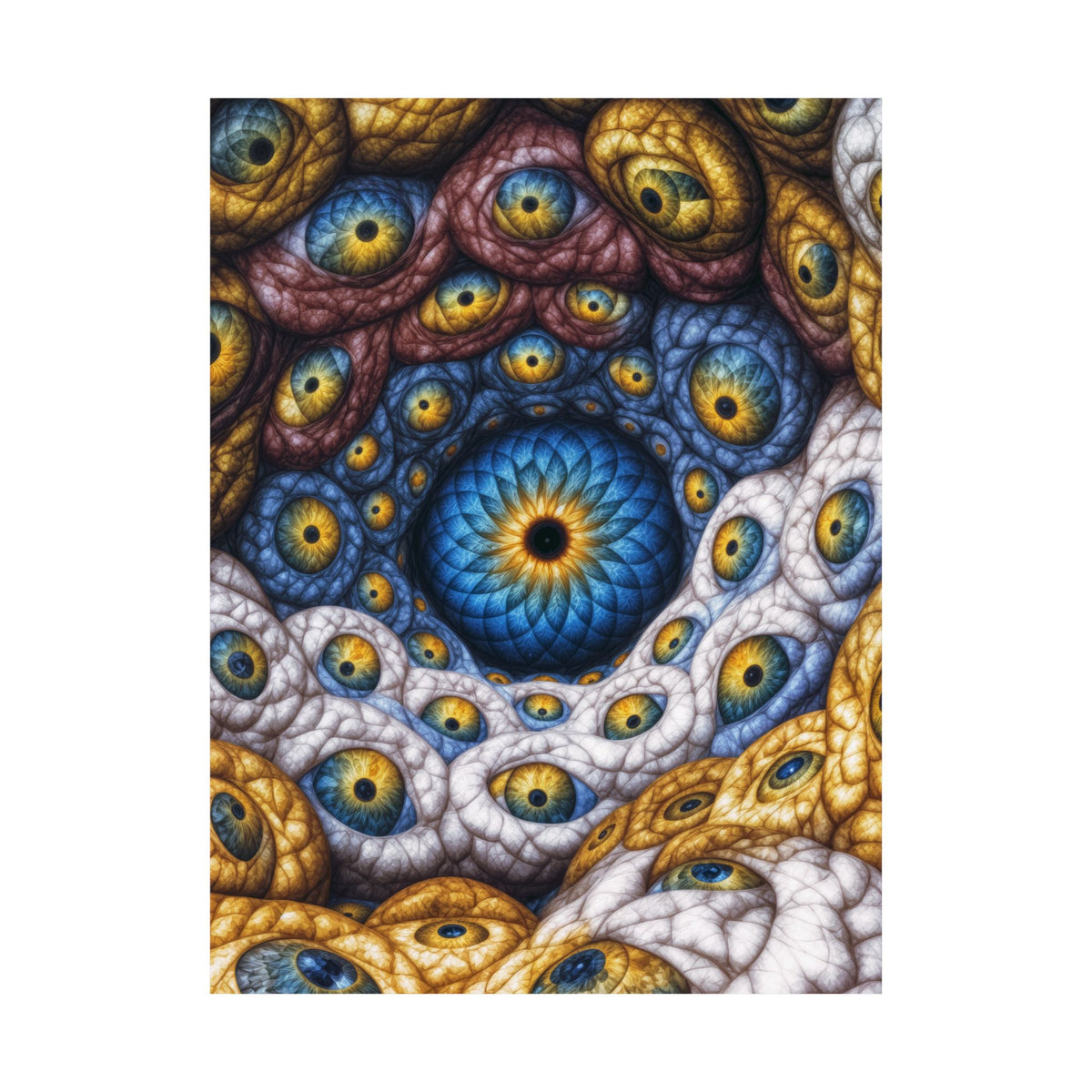 The Many Eyes of One Awareness — Matte Art Poster, 18 × 24 in — interwoven blue and gold eyes in ivory, ochre and mauve forms