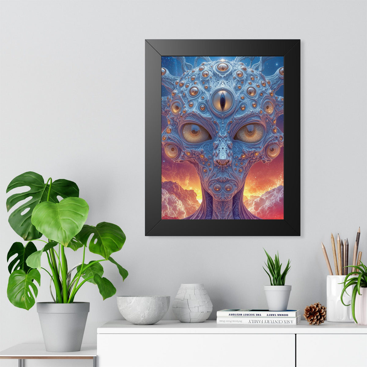The Horizon Within the Gaze — Black Framed Print, 12 × 16 in — intricate blue figure with amber eyes above luminous clouds
