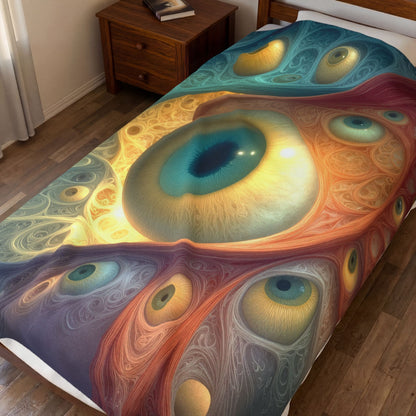 A Chorus of Seeing 60 × 80 inch velveteen plush blanket featuring DMTPORTAL’s teal and gold psychedelic eyes